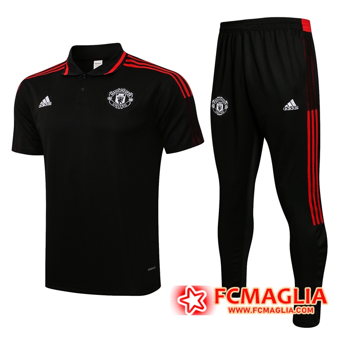 Kit Maglia Polo Manchester United + Pantaloni Rosso/Nero 2021/2022