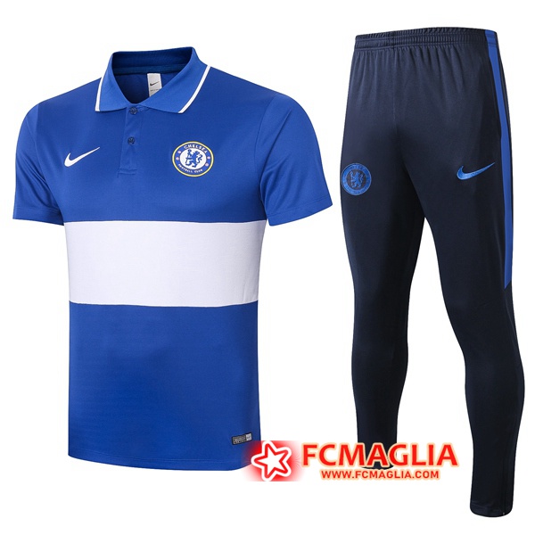 Kit Maglia Polo FC Chelsea + Pantaloni Blu Bianco 2020/2021